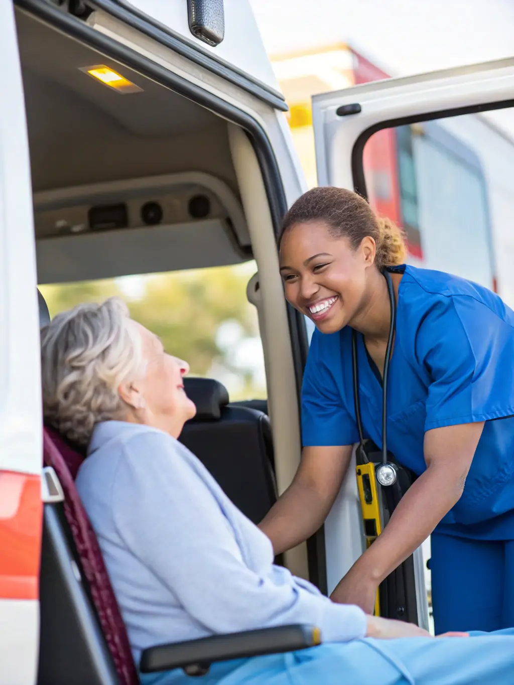 A picture of a driver helping an injured worker with crutches into a spacious and comfortable vehicle, emphasizing support and care.
