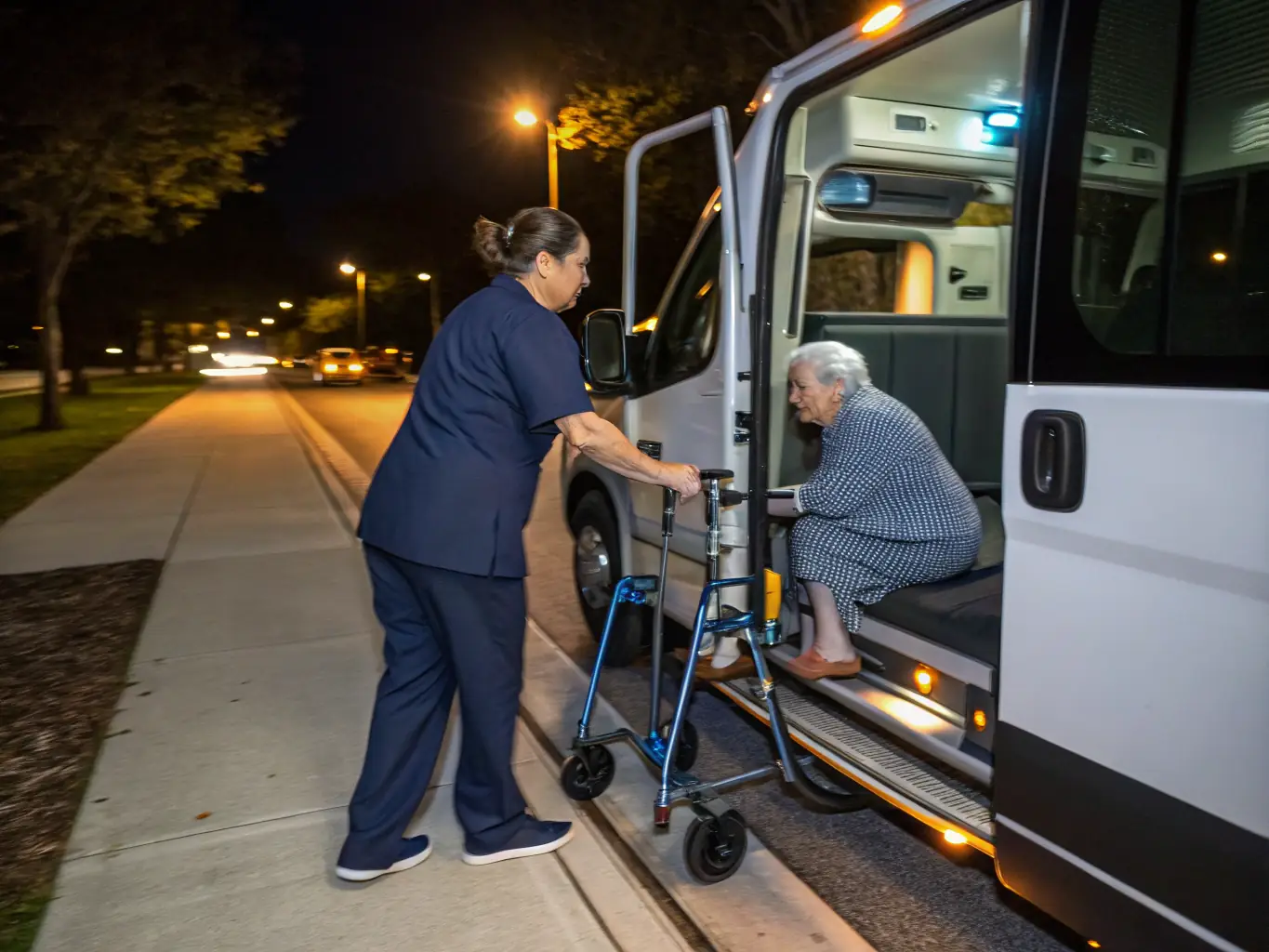 An image of a veteran being assisted into a comfortable and spacious van by a uniformed driver, showcasing specialized transportation services for veterans.
