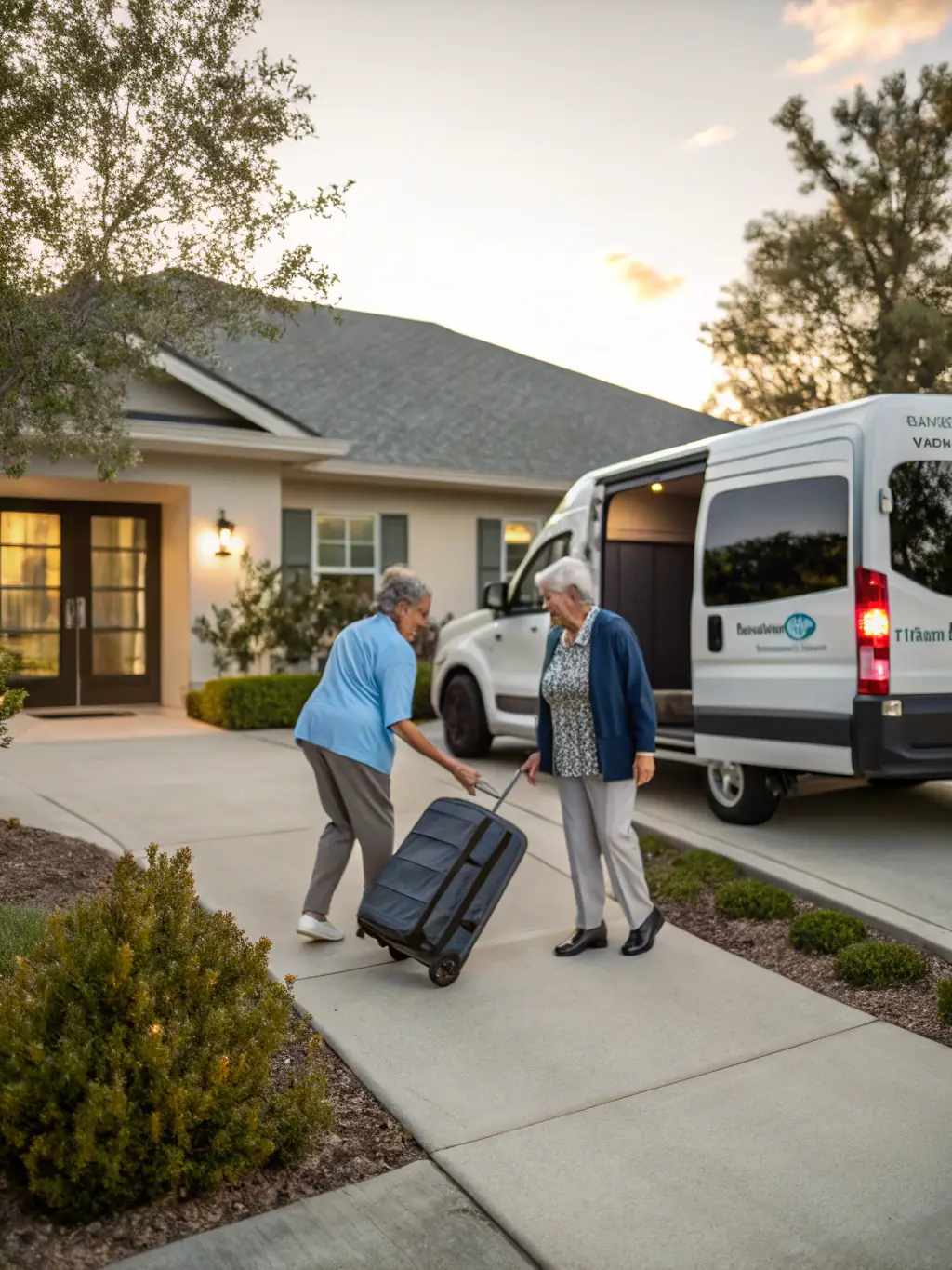 A friendly driver assisting a veteran with a walker into a clean, modern van, showcasing compassionate and reliable service.