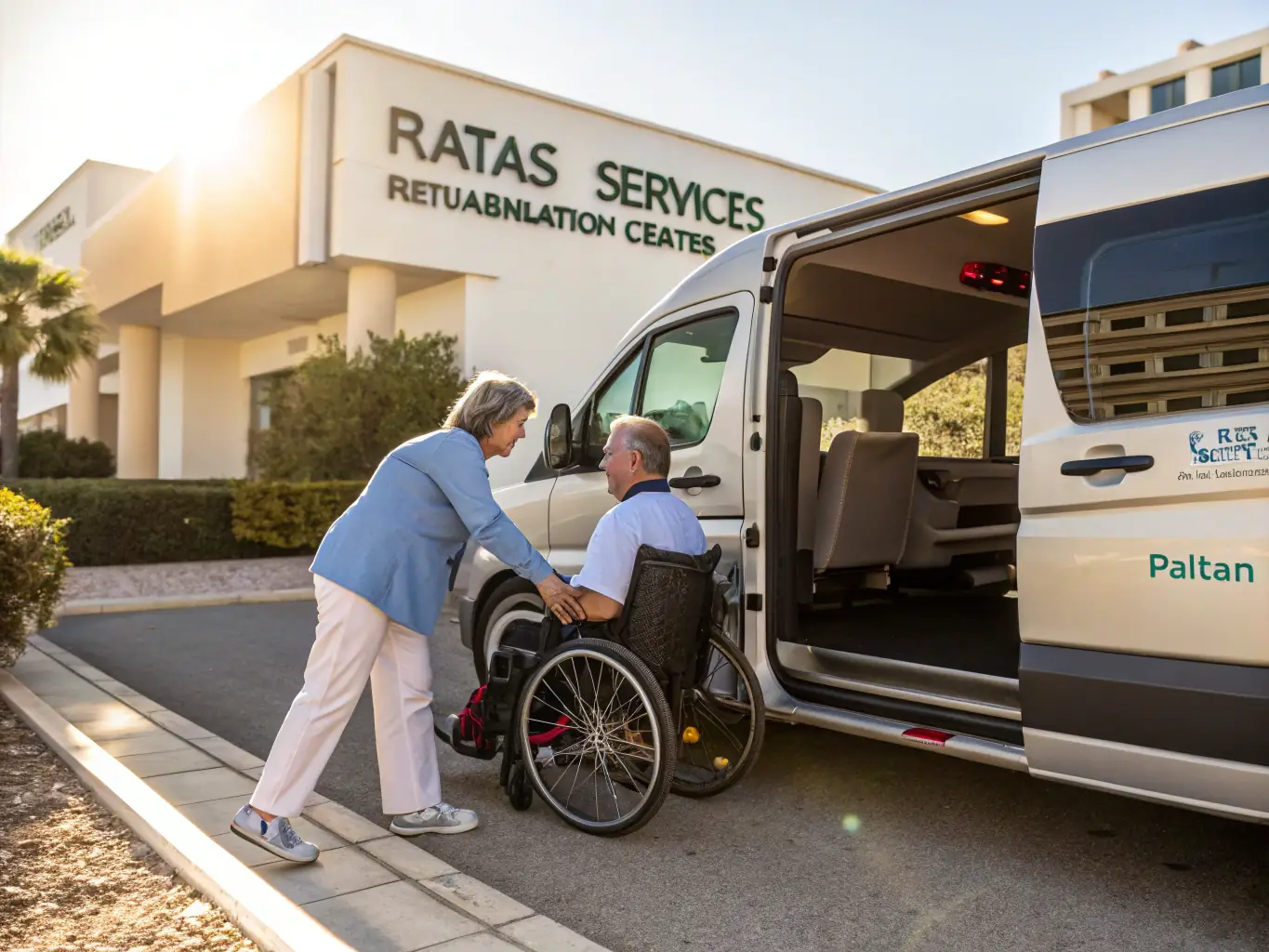 An image of a clean, accessible van with a friendly driver assisting a client in a wheelchair, parked outside a modern medical facility, symbolizing reliable and compassionate medical transportation.