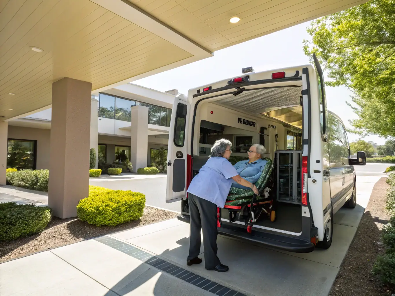 An image showing an injured worker being carefully assisted into a wheelchair-accessible vehicle, highlighting the company's focus on safety and support.