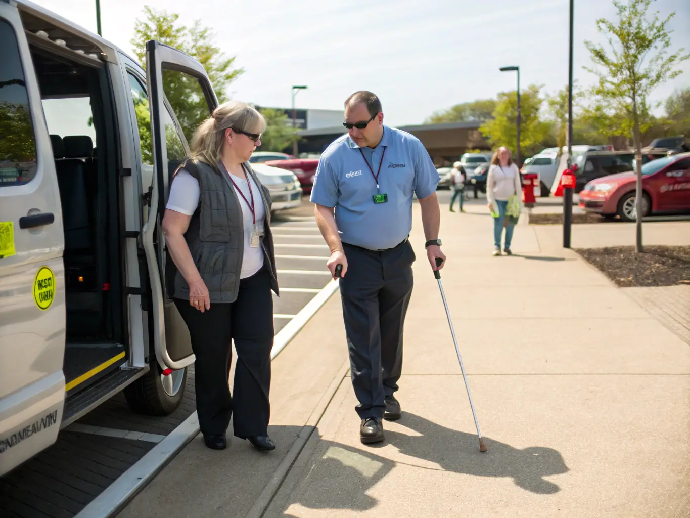 A photograph depicting a friendly driver assisting a veteran into a comfortable and accessible van, showcasing the company's commitment to respectful and safe transportation.